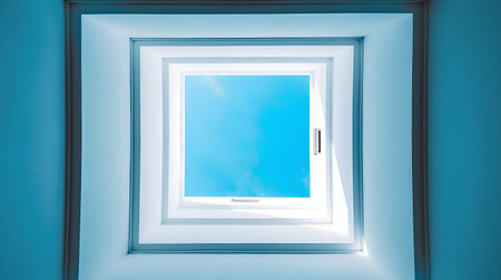 White window with blue sky and white clouds. 3D Renderingの素材