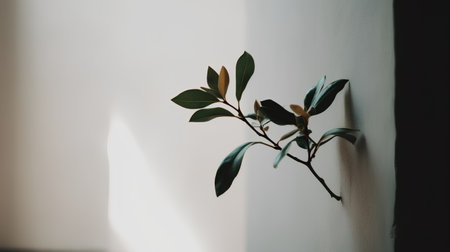 Ficus benjamina plant with leaves on white wall in sunlightの素材