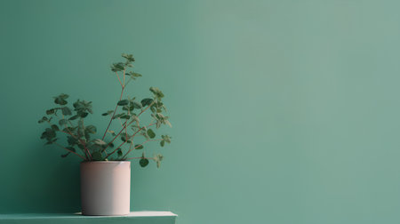 Eucalyptus plant in vase on turquoise wallの素材
