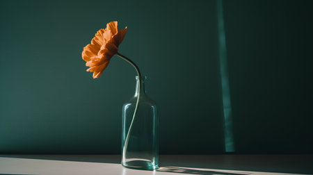 Orange flower in a glass vase on a green background. Minimal concept.の素材