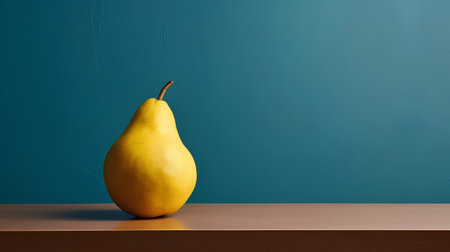 Ripe yellow pear on a wooden table in front of a blue wallの素材