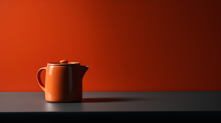 Orange ceramic teapot on black table against orange wall. 3d renderの素材