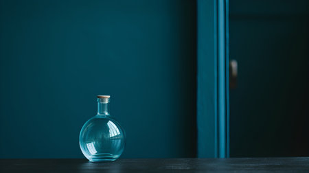 Empty glass bottle on a dark wooden table in front of a blue doorの素材