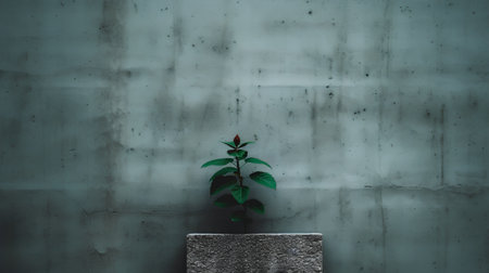 Green plant in concrete pot on concrete wall background,3d renderの素材