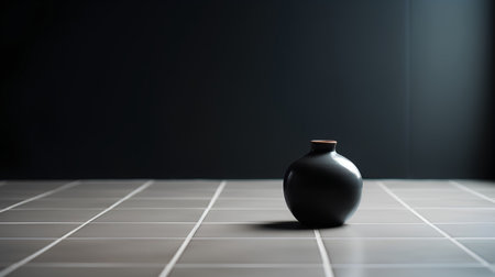 Black ceramic vase on a tiled floor. Selective focus.の素材