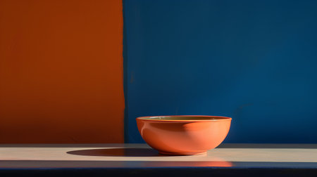 Orange ceramic bowl on blue and orange background. Minimal style.の素材