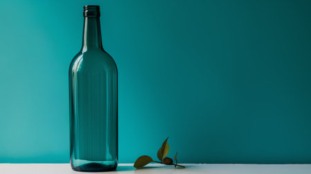 Empty glass bottle with green leaves on blue background. Minimal style.の素材