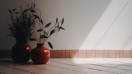 3d render of two vases with plants on the floor.の素材