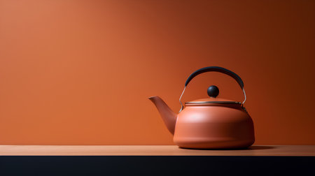 Brown teapot on wooden table and orange wall. 3d renderingの素材