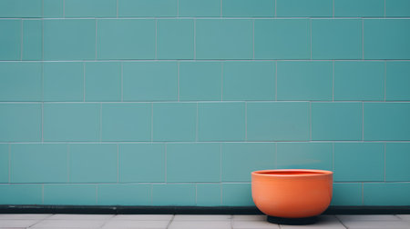 Orange ceramic pot on the floor in front of a blue tile wallの素材