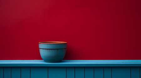 Empty ceramic pot on a blue wooden shelf against a red wall.の素材