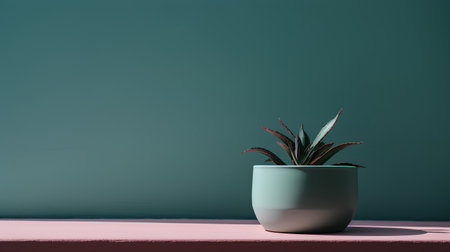 Potted plant on pink shelf in front of green wall. Minimalistic interior design. 3D renderの素材