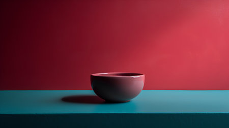 Empty ceramic bowl on blue table and red wall. 3d renderingの素材