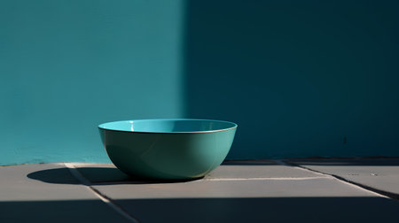 Green ceramic bowl on the floor near the blue wall of the houseの素材