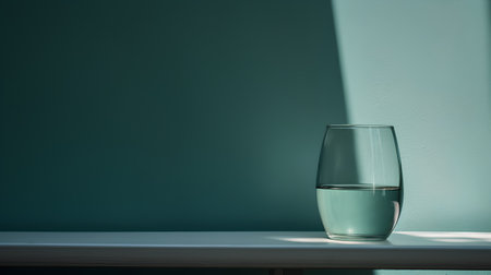 Glass of water on a table in the room. 3d renderの素材