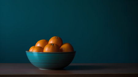 Oranges in a bowl on a wooden table against a blue wallの素材