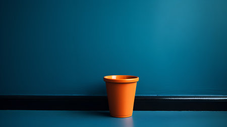 Orange flowerpot on blue wall background. 3d render illustration.の素材