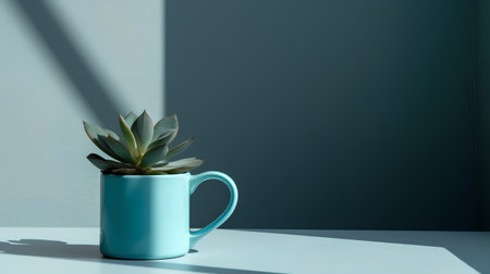 Blue vase with succulent plant on the table. 3d renderの素材