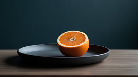 Orange in a black plate on a wooden table, dark background.の素材