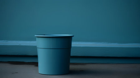 Plastic blue trash bin on the floor with blue wall background.の素材