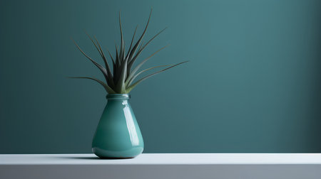 Green vase with a plant on the wall. 3d renderingの素材