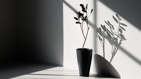 black vase with plant on a white wall, 3d renderの素材