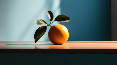 Orange with leaves on a blue wall background. 3d rendering.の素材