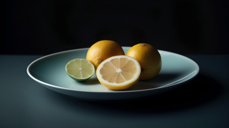 Lemons and lemons on a blue plate on a black backgroundの素材