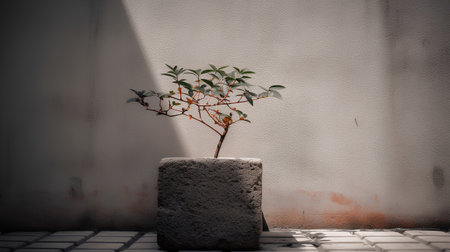 Plant in cement pot with shadow on the concrete wall, vintage styleの素材