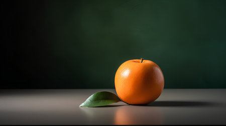 Ripe orange with green leaf on black table and green chalkboard backgroundの素材