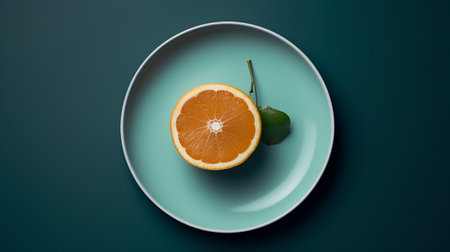 Sliced orange on a blue plate. 3d illustration.の素材