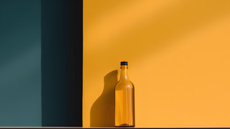 Bottle of wine on yellow and blue background. Minimal style.の素材
