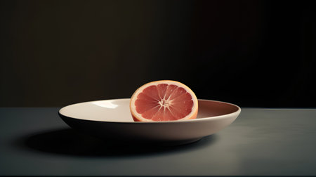 Grapefruit in a plate on a black background. Toned.の素材