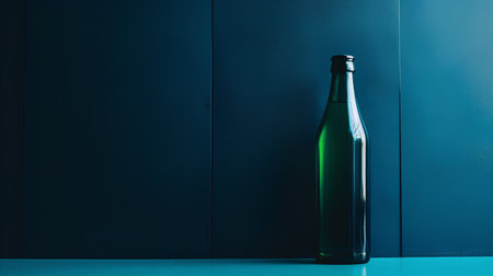 Bottle of champagne on blue background. Copy space for text.の素材