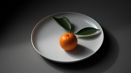 Orange with leaves on a white plate. Isolated on black background.の素材