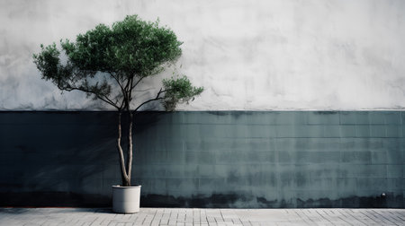 Tree in a pot on the background of a gray concrete wall.の素材