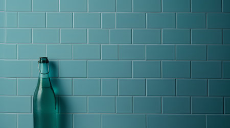 Green glass bottle on a turquoise tile wall. 3d renderingの素材