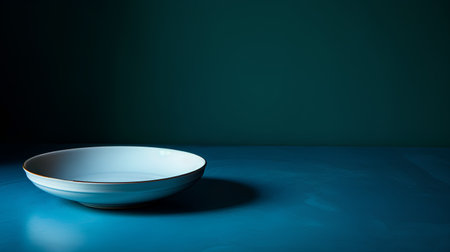 Empty white bowl on a blue background. Selective focus. Toned.の素材