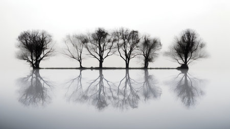 Silhouette of trees with reflection in the water on white backgroundの素材