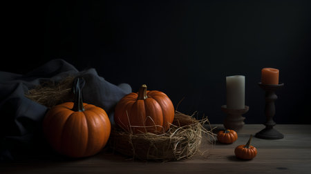 Halloween still life with pumpkins, candles and hay on wooden backgroundの素材