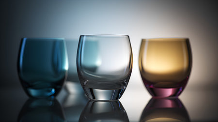 Colorful empty glasses on a dark background. 3D illustration.の素材