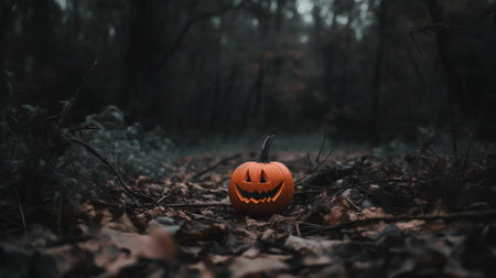 Halloween pumpkin in the forest. Spooky halloween concept.の素材