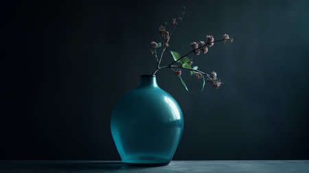 Vase with branches of a lilac on a black background.の素材