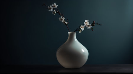 Ceramic vase with blooming branch on dark background.の素材