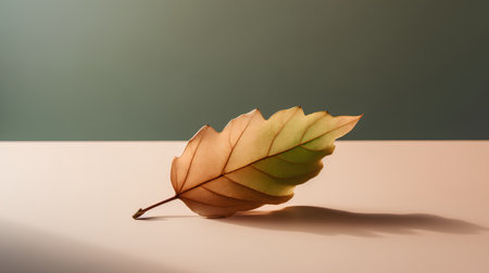 Autumn oak leaf on a background of a green wall. Autumn concept.の素材