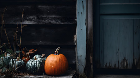 Autumn still life with pumpkins in front of a rustic wooden doorの素材