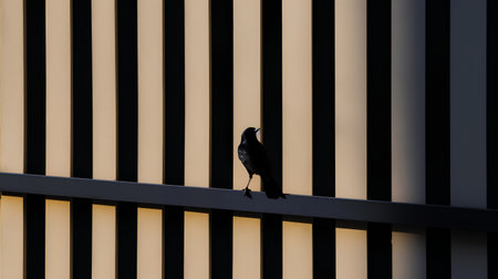3d rendering of a black crow sitting on a metallic fence.の素材