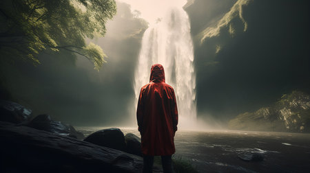 Woman in red cloak and hood standing in front of waterfall. 3d renderingの素材