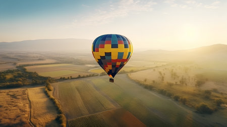 Colorful hot air balloon flying over agricultural landscape at sunrise. 3d renderの素材