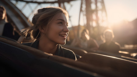 Portrait of a happy young woman in the amusement park at sunsetの素材